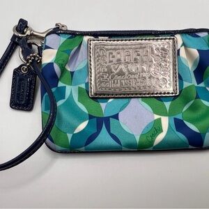 Coach Small Wristlet in Blue, Green & Navy Geometric Print